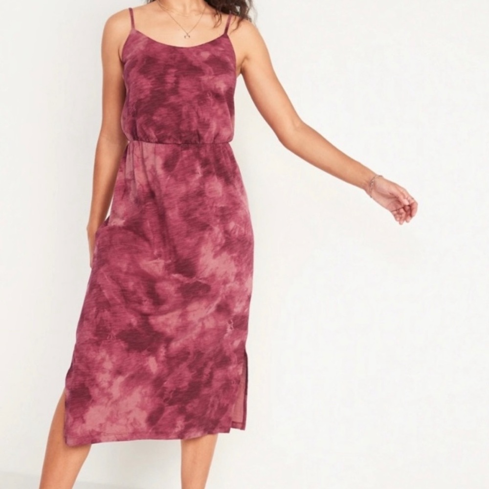 Old Navy Tie Die Waist Defined Midi Dress Burgundy L - Picture 2 of 12